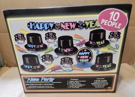 Neon Happy New Year Party Supply Kit Hats Tiaras Horns Beads For 10 People 250O - £13.81 GBP