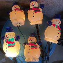Vintage Blow Mold Snowman Lighted Lawn Stakes Set 5 Christmas Yard Lights Parts - £11.21 GBP