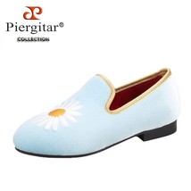 Sky Blue Velvet Kid&#39;s Loafers With Daisy Embroidery Handmade Toddler Shoes For B - £173.38 GBP