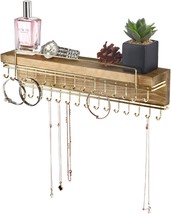 Rustic Wood Wall Mounted Jewelry Organizer with 30 Gold Metal Hooks Display Shel - £38.89 GBP