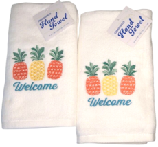 Welcome Pineapple Hand Towels Embroidered Bath Summer Beach House Set of 2  - $41.13