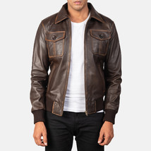 Men&#39;s vintage Brown Leather Bomber Jacket All Size - $159.00