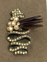 Vintage Beaded Brooch Gold Rhinestones, Faceted Pearls, Plastic Feather ... - $37.99