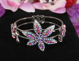 Color Rhinestone Clamper Bracelet Vintage Flowers Pink Purple Gunmetal Gray - £14.77 GBP