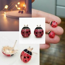 Cute Ladybug Earrings 0.5&quot; Small Red Black Enamel Insect Girl&#39;s Gift Gold Plate - £6.28 GBP