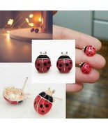 CUTE LADYBUG EARRINGS 0.5" Small Red Black Enamel Insect Girl's Gift Gold Plate - £6.35 GBP