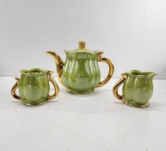 Vintage Pearl China Co Teapot Set 22kt Iridescent Pearl Green Creamer Sugar USA - £32.71 GBP