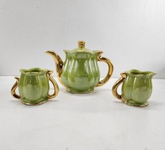 Vintage Pearl China Co Teapot Set 22kt Iridescent Pearl Green Creamer Sugar USA - £32.07 GBP