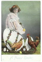 Vintage c1910s Tuck&#39;s Postcard A Happy Easter Girl On Giant Egg Chickens Unused - £15.50 GBP