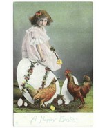Vintage c1910s TUCK&#39;S POSTCARD A Happy Easter GIRL ON GIANT EGG Chickens... - $363.13 MXN
