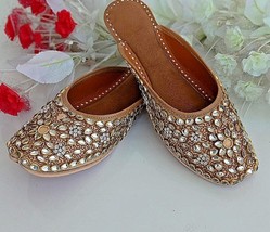 Damen Punjabi Jutti Leder Halb Pantoffeln Gold Kundan Bestickt US Größe 6-10 Dly - £27.40 GBP