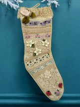 Vintage Lace and Satin Trim Beaded Floral Ivory Christmas Stocking 15&quot; - £19.13 GBP