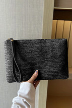 Black Straw Woven Wrist Strap Zipper Large Wallet - $127.20 MXN