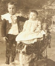 Victorian Black &amp; While Photo Of Young Boy, His Sister &amp; Their Big Dog - £6.01 GBP
