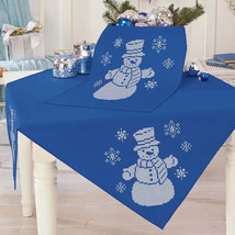 Herrschner’s Embroidery Cross Stitch Kit Blue Snowman Table Topper Runner - £16.08 GBP