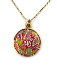 Lilly Pulitzer Gold Tone Palm Beach Pink Green Pendant Necklace - £22.49 GBP