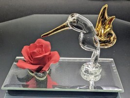 Glass Art Hummingbird with Red Rose Figurine On Glass Display Stand. Gor... - £11.41 GBP