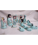 Vintage Mexican Folk Art Nativity Set Ceramic Hand Painted Turquoise 14 ... - $64.34