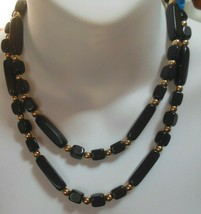 Vintage Signed Trifari Long Black Bead Necklace W/ Gold-tone Spacers - £19.46 GBP
