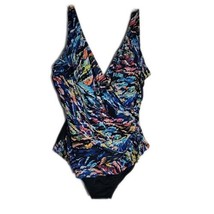 Longitude One-Piece Slimming Ruched Swimsuit ~ Black &amp; Multicolor ~ Sz 16 - £46.71 GBP