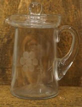 Vintage Kitchen Gray Cut Floral Art Glass Syrup Creamer Pitcher 5&quot; Tall - £15.78 GBP