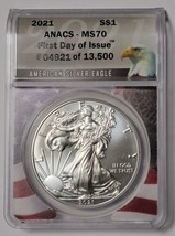 2021 American Silver Eagle S$1 FDOI 4,921 of 13,500 ANACS MS 70  w/display case - £158.65 GBP