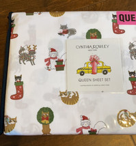 Cynthia Rowley Queen Sheet Set Holiday 4 Pc Christmas Cats Microfiber New - £62.88 GBP