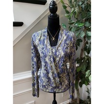 Anne Klein Blouse Women X-Large Blue Print Surplice Long Sleeve Stretch Top - $24.75
