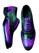 Two Tone Purple Black Contrast Oxford Brogue Toe Wing Tip Leather Lace up Shoes - £117.26 GBP+