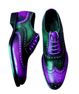 Two Tone Purple Black Contrast Oxford Brogue Toe Wing Tip Leather Lace up Shoes - £117.98 GBP - £165.18 GBP