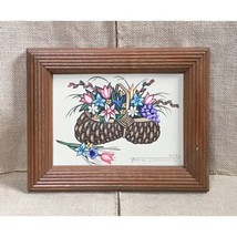Vintage Artist Signed Flower Basket Painting In Frame Rustic Cottagecore Spring - £23.73 GBP