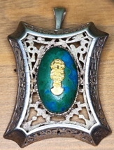 Peruvian ATUMI Shadow Box Brooch Pendant 925 Sterling 18K Gold Chrysocol... - €225,52 EUR