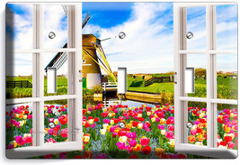 Window View Windmill Tulips Farm Field 3 Gang Light Switch Wall Plate Room Decor - £13.58 GBP