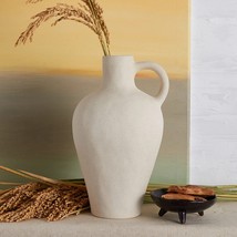 Handmade White Ceramic Vase For Home Decor, Matte, Handled Clay Jug - Height 10, - £35.35 GBP