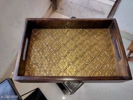 serving tray with handles wood art brass design 12 x 8 x 2 Inches - £35.46 GBP
