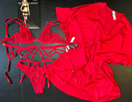 Victoria&#39;s Secret unlined 32D,34DD BRA SET+garter+panty+ROBE RED lace strappy - $168.29