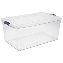 105 Quart Latch Box, Clear Plastic Storage Bin with Clear Lid, Blue Latch - $31.67