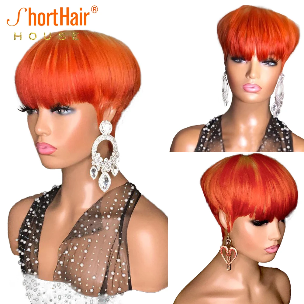 Ombre Orange Color Pixie Short Cut Bob Wig With Bangs Wave Wavy Human Hair Wig - £32.81 GBP+