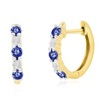 14K Yellow Gold, Round 0.34ct Sapphire, Diamond Hoop Earrings - (10 Stones) - £647.77 GBP