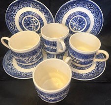 Stoneware Porcelain Coffee Cups Saucers Blue White  (8) 8 OZ USA - £27.54 GBP