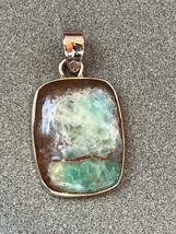 Green &amp; Brown Rounded Rectangle Stone in 925 Silver Frame Pendant – marked on ba - $24.13