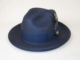 Men's Milani Straw Braided Fedora Hat Soft Crushable FDS-002 Solid Navy image 3