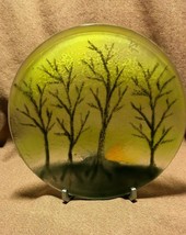 Signed Fused Glass Round Wooded Winter or Spring Scene with Sun. 7 1/4&quot; - £13.54 GBP
