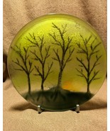 Signed Fused Glass Round Wooded Winter or Spring Scene with Sun. 7 1/4&quot; - £13.85 GBP