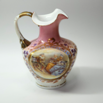 Antique Victorian 10&quot; Pitcher Water Jug Victorian Ladies Plum Rose Floral Panels - $48.29