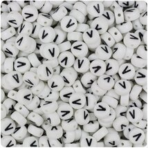 BeadTin White Opaque 7mm Coin Alphabet Beads - Black Letter V (100pcs) - $2.09