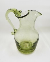 Hand-Blown Glass Small Pitcher Creamer Avocado Green Ruffle Pinched - £23.97 GBP