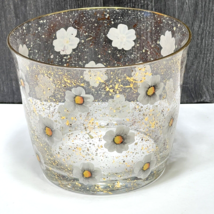 Vtg MCM Glass Ice Bucket Enamel Painted Flower Daisy Gold Rim Splatter Bar Ware - £41.75 GBP