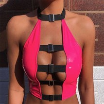 Pu Leather Buckle Sexy Crop Top Women Club Wear Rave Outfit - £21.52 GBP