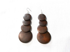 4 Tier DARK BROWN Color Bohemian Wooden Rounds Graduating 4&quot; Pair Earrings - £5.39 GBP